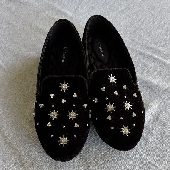Birdies Black Velvet Donqun Loafers with Silver Rhinestone Embellishments - Picture 1 of 11